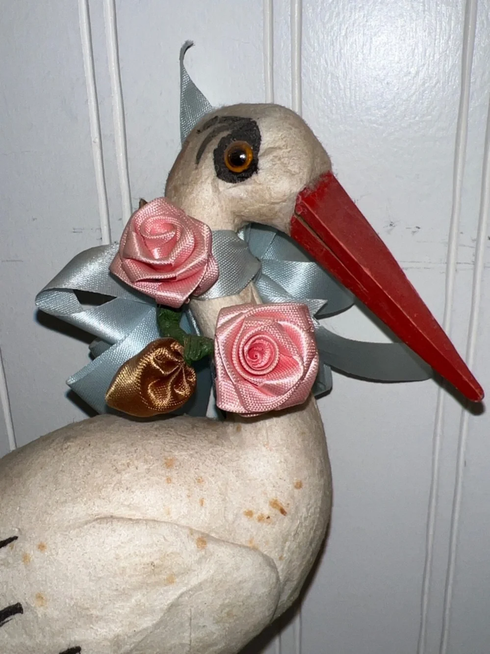 Antique Vintage Spun Cotton Stork Bird Christmas Ornament Germany 1930s plus